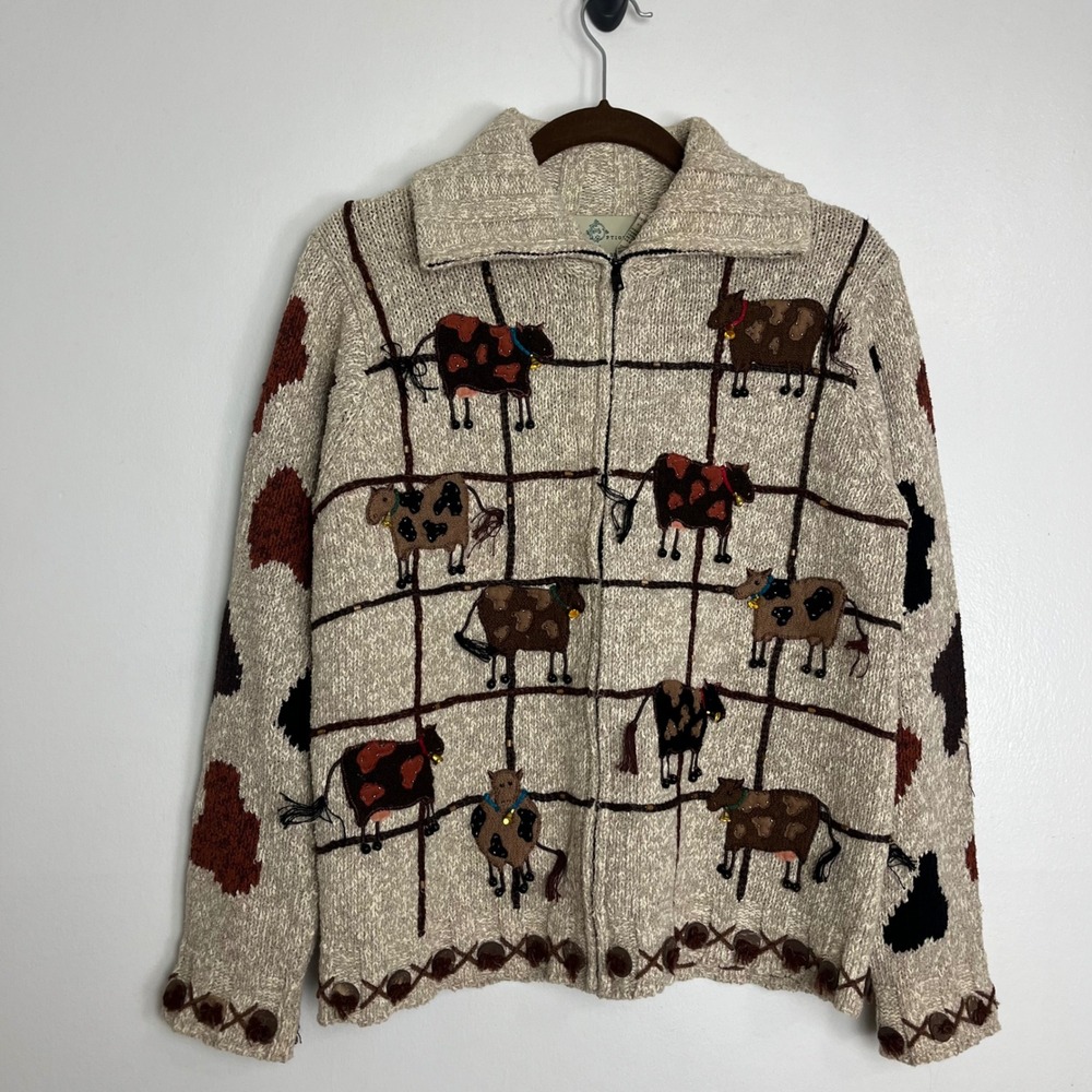 Vintage Grandmacore Philip Jane Gordon Novelty Cow Zip Sweater Beige M